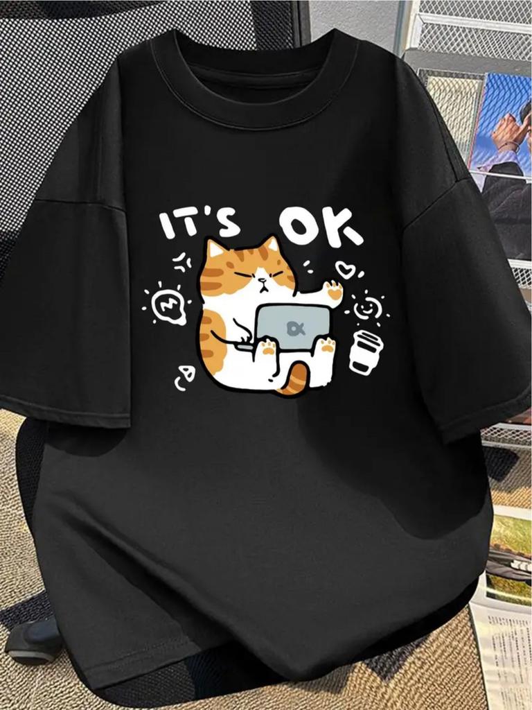 Unisex Fun Cat Graphic T-Shirt - "It's Okay" Design with Cartoon Cat & Coffee Cup Soft & Breathable Round Neck Tee for