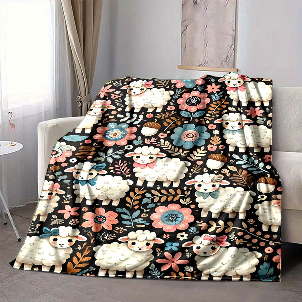 1pc Sheep Flowers Lightweight Flannel Blanket, Comfortable and Warm Blanket, for Office and Camping Sofa Bed184