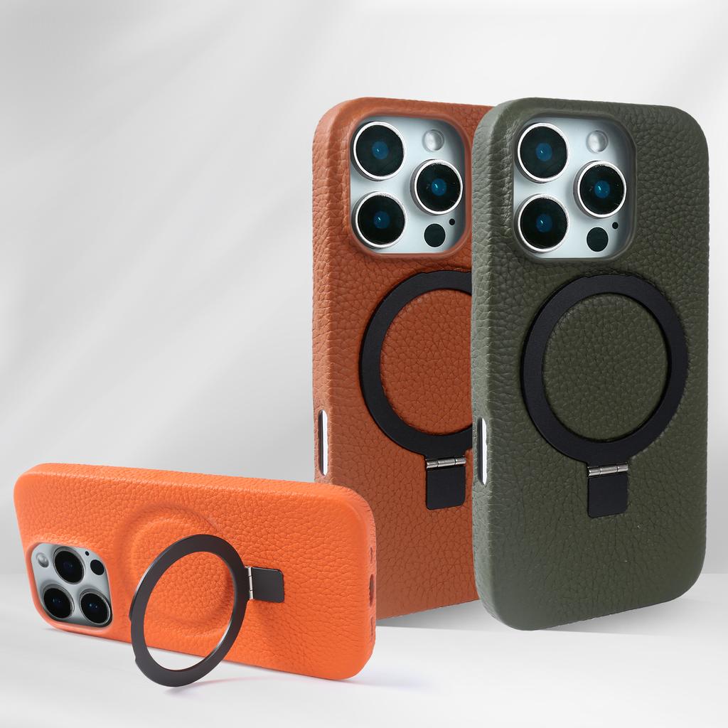 Magnetic Bracket Ring Lychee Genuine Leather Case For For Iphone 16 17 Pro Max 16e Air 14 1 Plus 7 8 12 13 Mini XS Phone Back Cover
