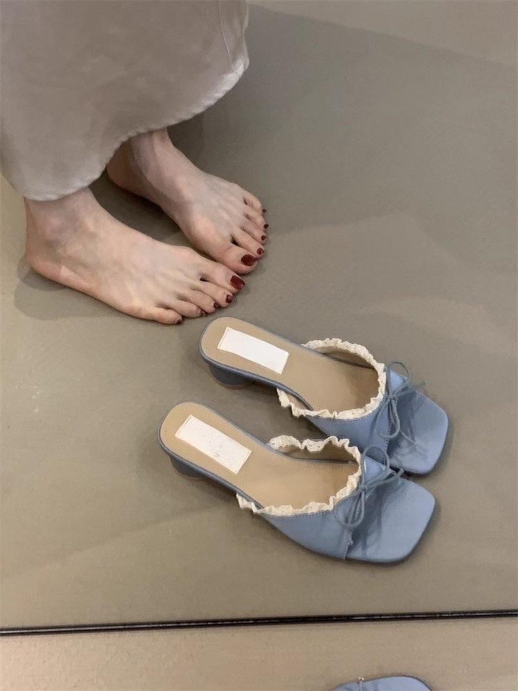 Ретро бант однословные тапочки женские носят толстый каблук крутые тапочки