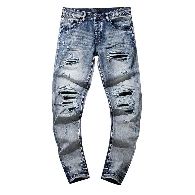 Fashion American High Street Hole & Patch Trendy Retro Straight Ami Denim Pants