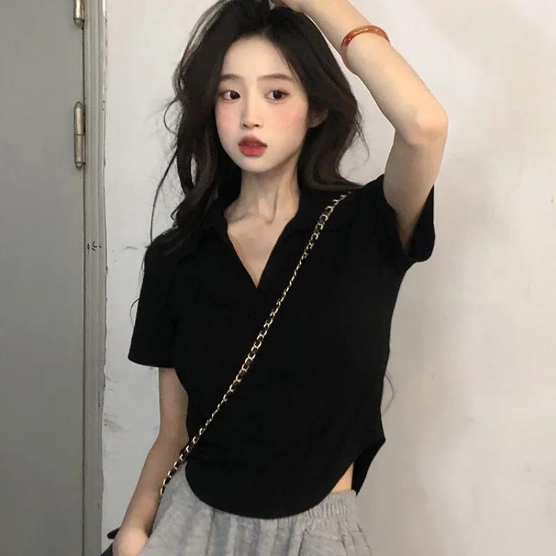Футболка белая с V-образным вырезом и короткими рукавами, женская летняя дизайнерская Sense Niche, нерегулярная, облегающая, утягивающая, Gyaru Pure Desire Top