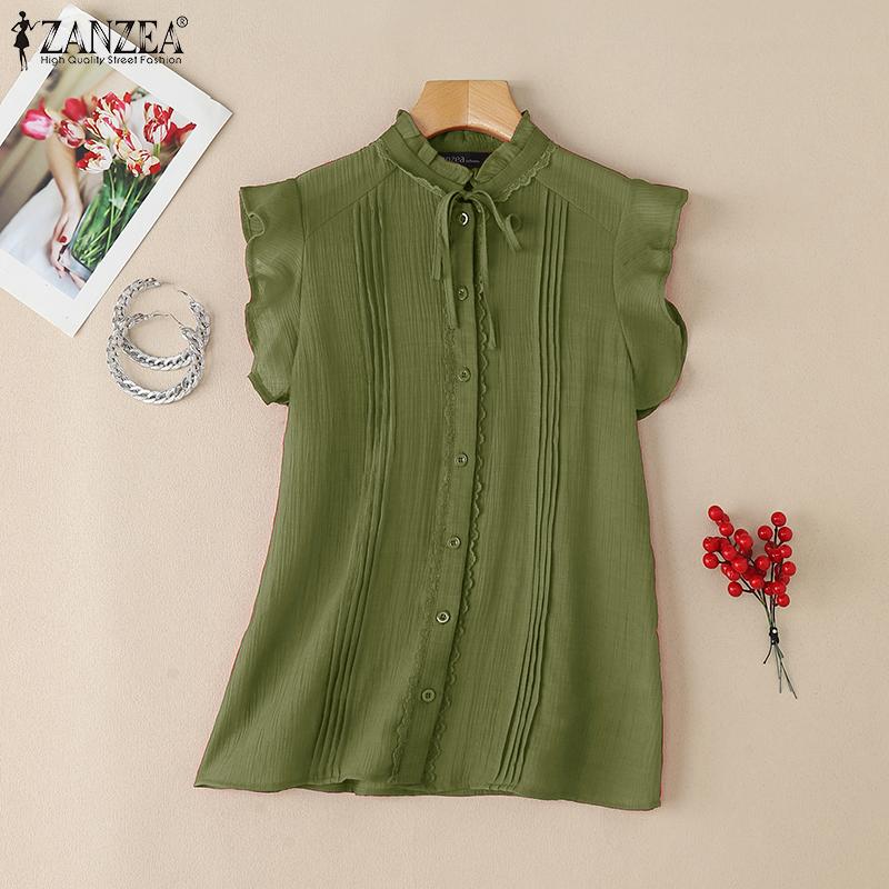 ZANZEA Летние женские топы без рукавов с оборками, кружевной отделкой и рюшами, повседневные майки