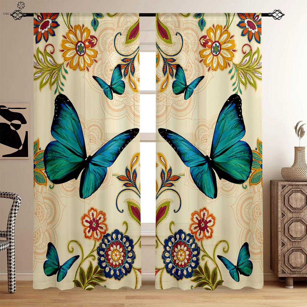 Floral Butterfly Symmetrical Printed Curtains, Decorative Curtains, Suitable for Bedroom, Living Room, Kitchen, Study Room,