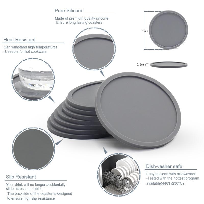 6pcs Non-slip Silicone Drinking Coaster Set Holder Cup Coaster Mat Set Round Coffeee Cup Mat Set Black Tabletop for Home Kitchen