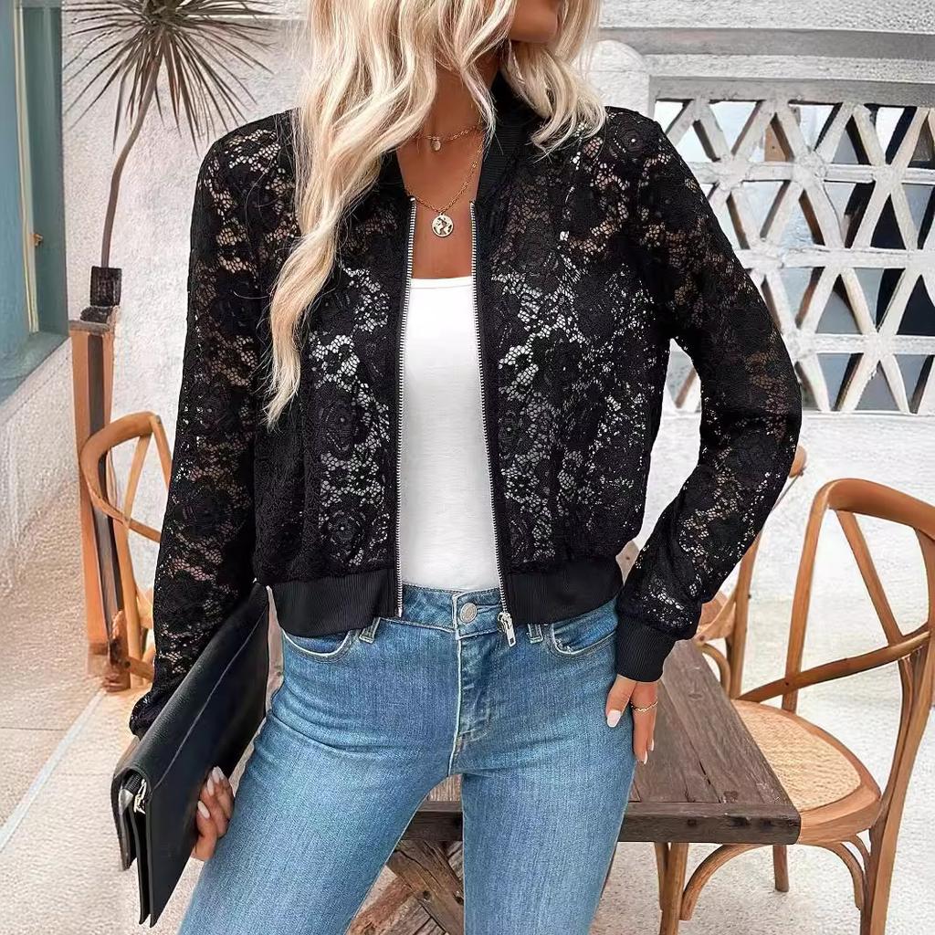 New Elegant Women's Jacquard Lace Perspective Zipper Short Jacket Top Coat