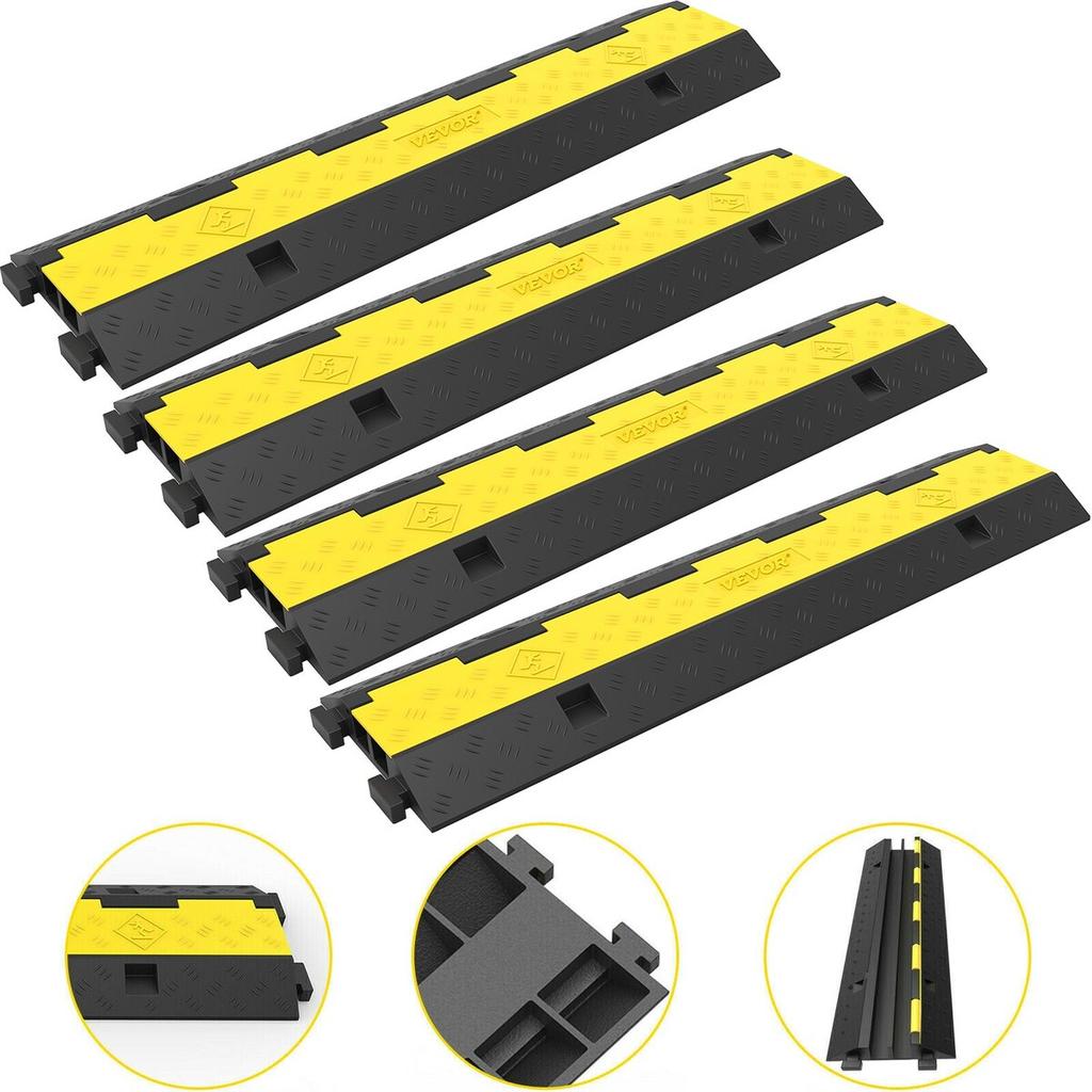 Cable Protector Ramp, 4 Packs 2 Channels Speed Bump Hump, Rubber Modular Speed Bump Rated 11000 LBS Load Capacity, Protective Wire Cord Ramp Driveway