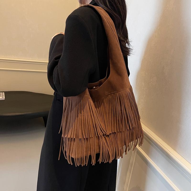 Ретро матовая сумка с кисточками для женщин, вместительная, мягкая ткань, строчка, хороший внешний вид, сумка на одно плечо, индивидуальность, новинка