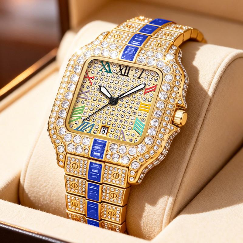 Hip Hop Iced Square Quartz Watch for Men Full Diamond Calendar Luxury Watch