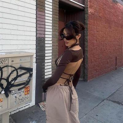 Y2k Streetwear 2 шт. Длинный рукав халтер укороченный топ сексуальные модные нерегулярные спинки женские футболки эстетичные