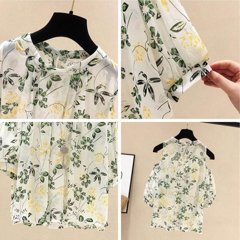 Chiffon Printed Off-the-shoulder Short Sleeve Top Ladies Plus Size Blouse for Women
