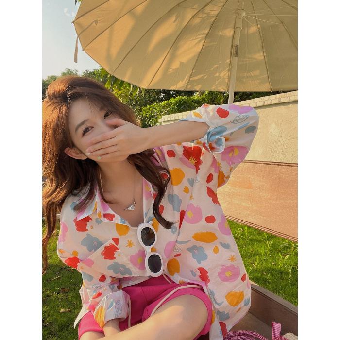 Sweet floral vacation shirt women's spring summer loose and thin medium and long shirt niche long-sleeved sunscreen top women