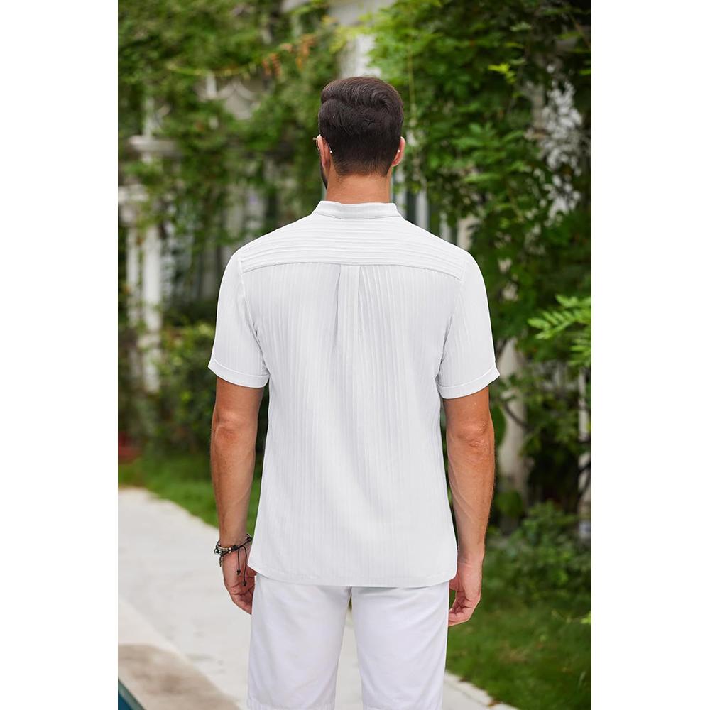 Plus Size Summer New Men's Retro Cotton and Linen Striped Henry Shirt Casual Loose Fitting Shirt