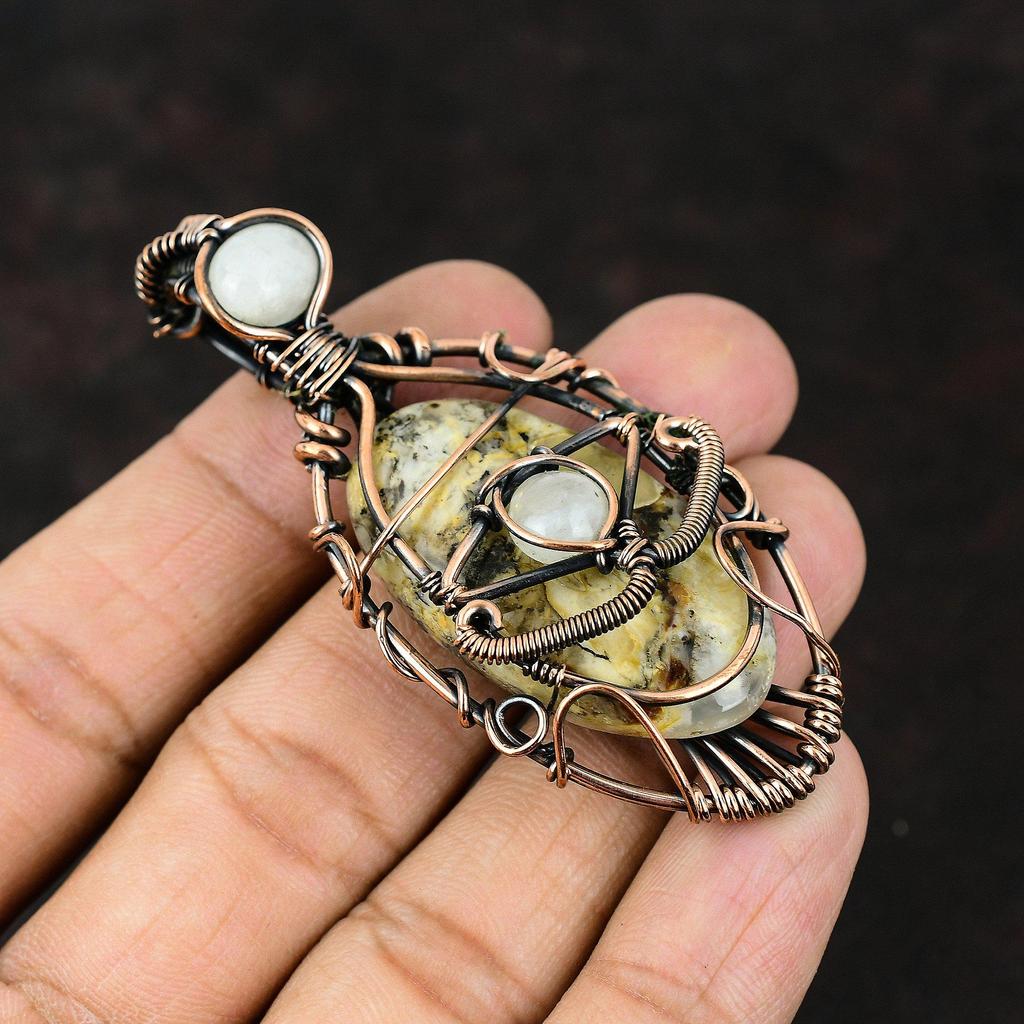 Подвеска из медной проволоки с перьями от сглаза и агатом, лунный камень, медные украшения, кулон ручной работы, дизайнерский кулон, украшения от сглаза, подарок для матери