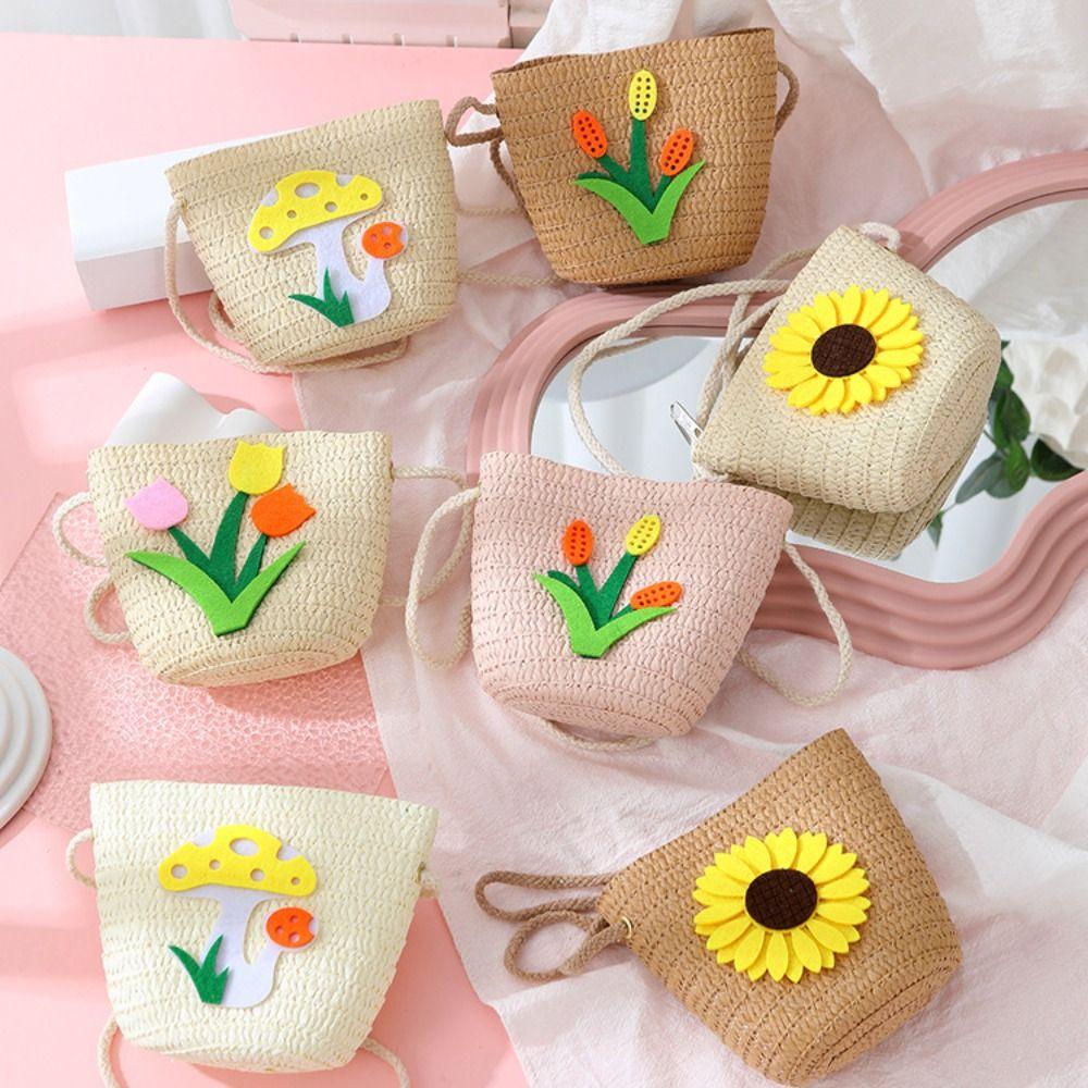 Соломенная сумка через плечо с цветочным принтом, кошелек для монет, симпатичная сумка через плечо для девочек и детей