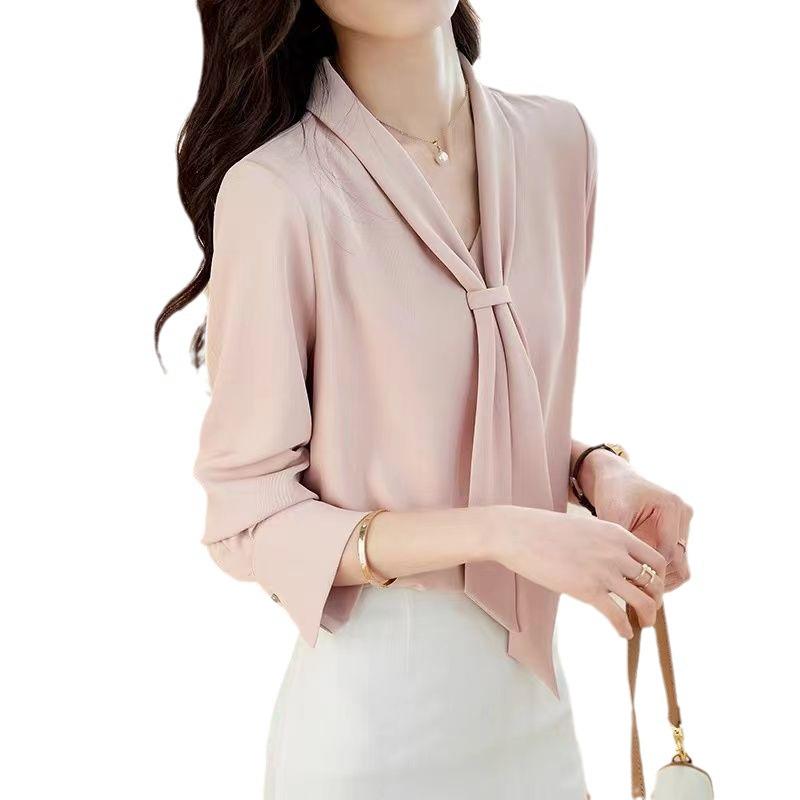 2024 High-End Women's Chiffon Ribbon Blouse - Slimming Long Sleeve, Versatile Spring/Autumn Fashion