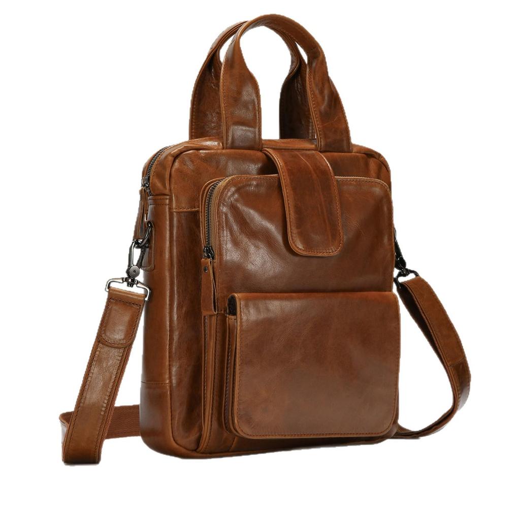 Genuine Leather Crossbody Messenger Bag - Men's Large Capacity Retro Vertical Handbag for Casual or Commute Use.