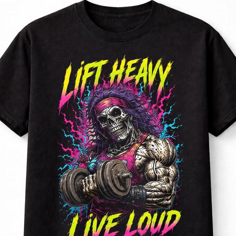 Lift Heavy Live Loud Skeleton Gym Horror Metal Unisex TShirt