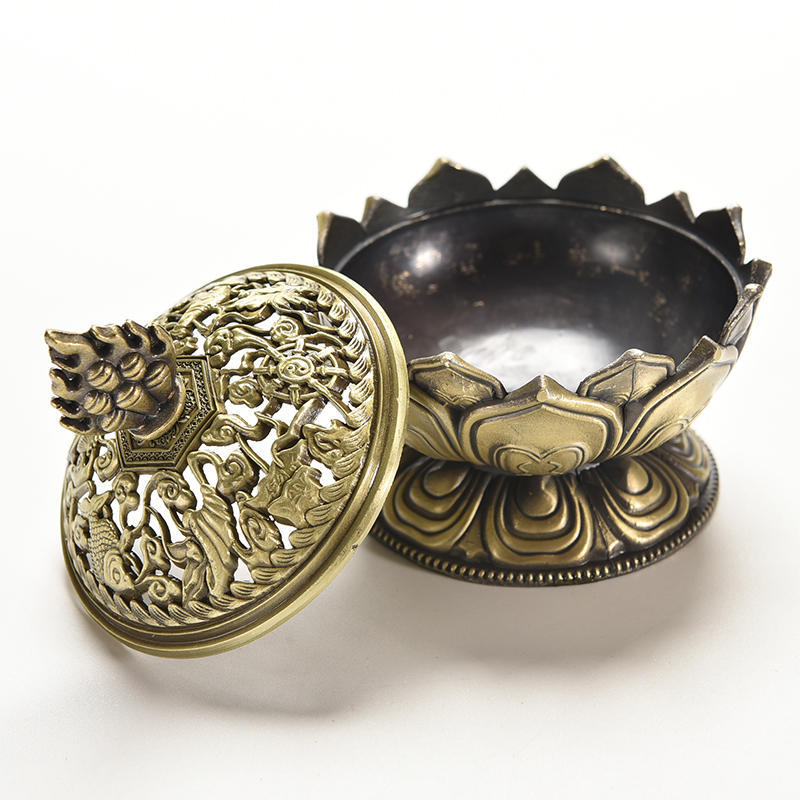 Tibet Collect Bronze Auspicious Lotus Shape Statue Box Incense Burner Censer