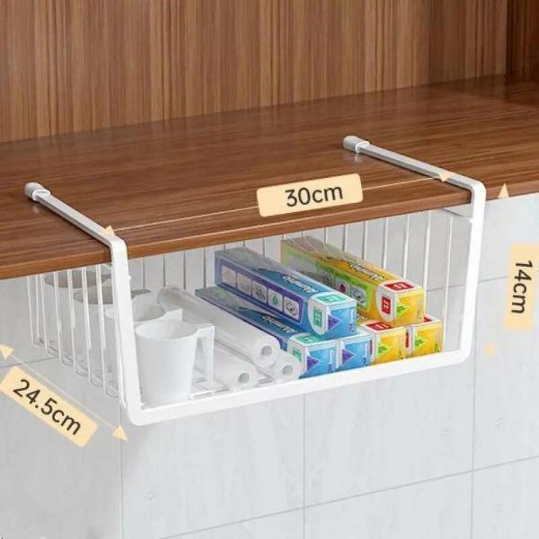 Multifunction Kitchen Under Cabinet Hanging Storage Basket Spice Rack Organizer with Cup Utensils Roll Holder Metal Wire Shelf