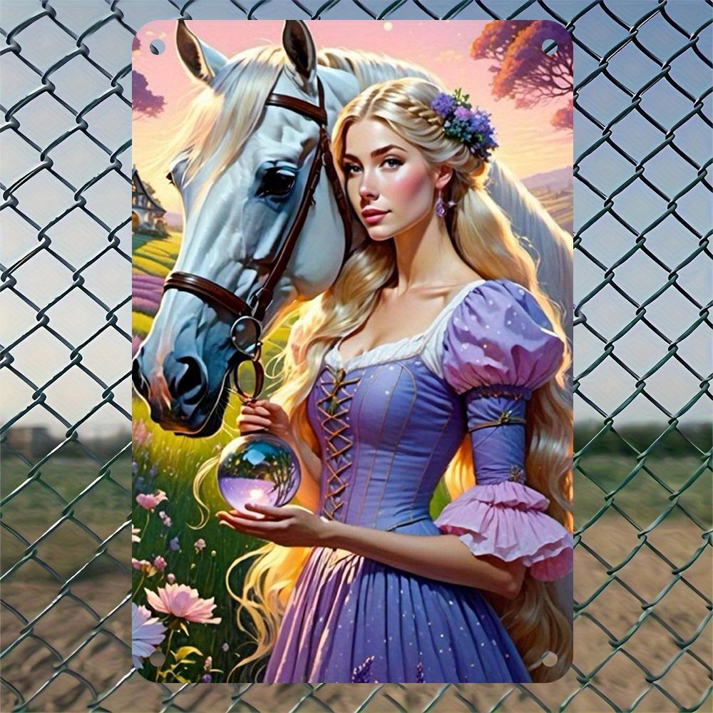 1 шт. Металлическая жестяная табличка «Сцена зачарованного леса» 8x12 дюймов - Винтажное настенное искусство с принцессой, белой лошадью и волшебным шаром, идеально для дома