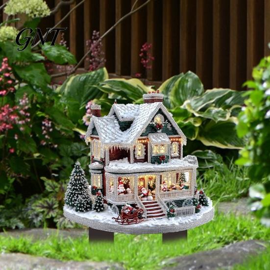 Christmas Garden Stake Snowy Cottage Stake, Acrylic Yard Sign, Fairy Tale Insert Winter Outdoor Lawn Ornament for Holiday Decoration Landscaping