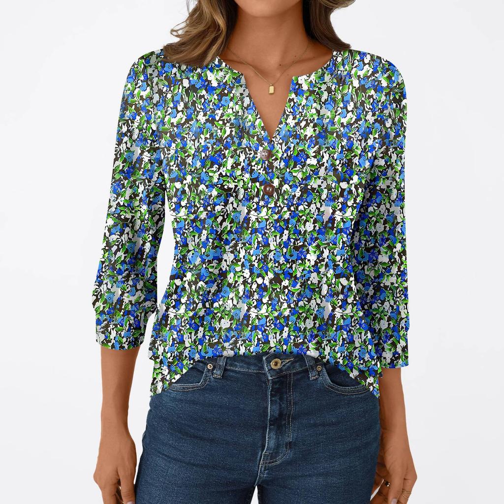 Женская модная повседневная футболка с рукавом 3/4, с принтами, V-образным вырезом и пуговицами