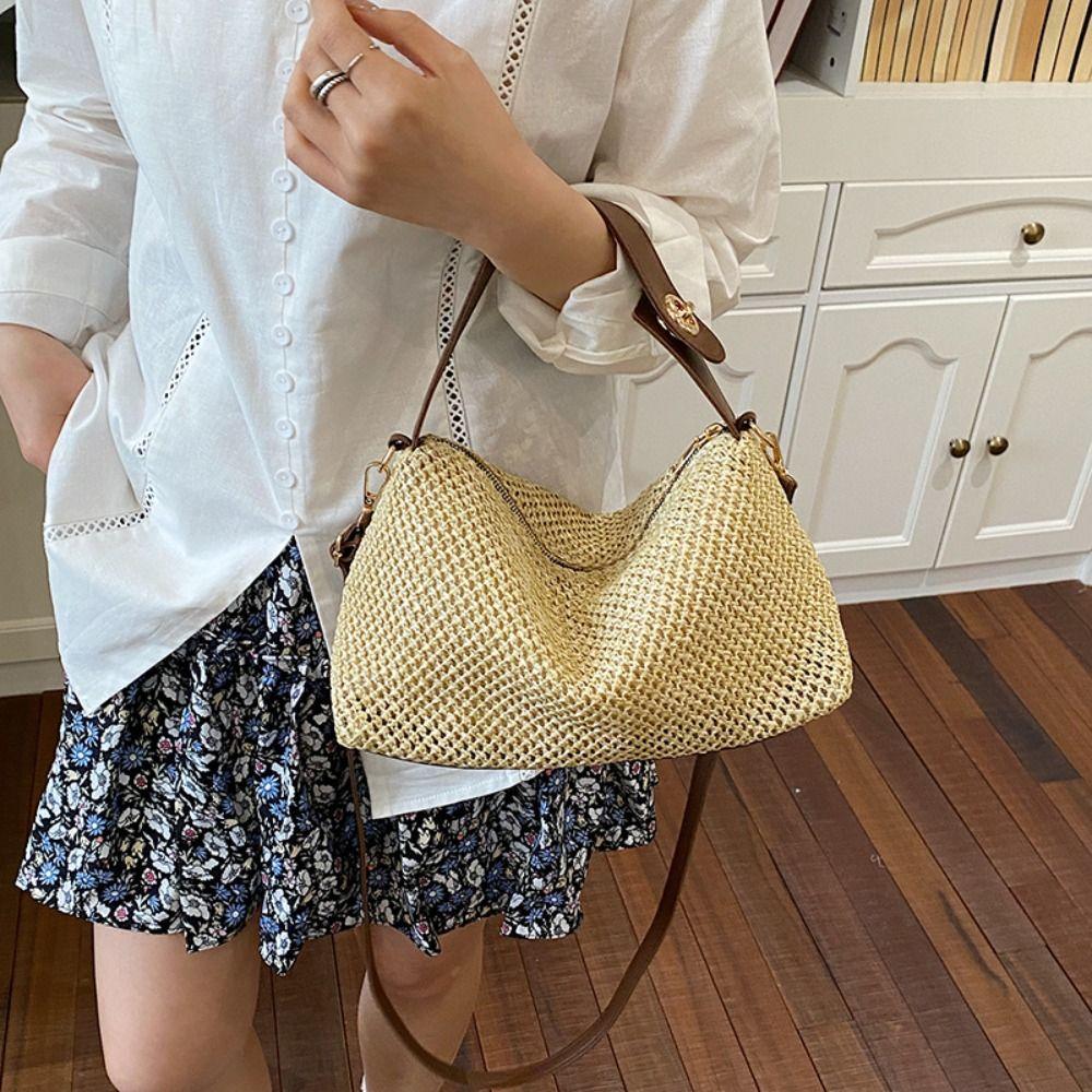 PU Leather Buckle Hobo Shoulder Bag Grass Woven Box Bag Leisure Straw Crossbody Bag Women