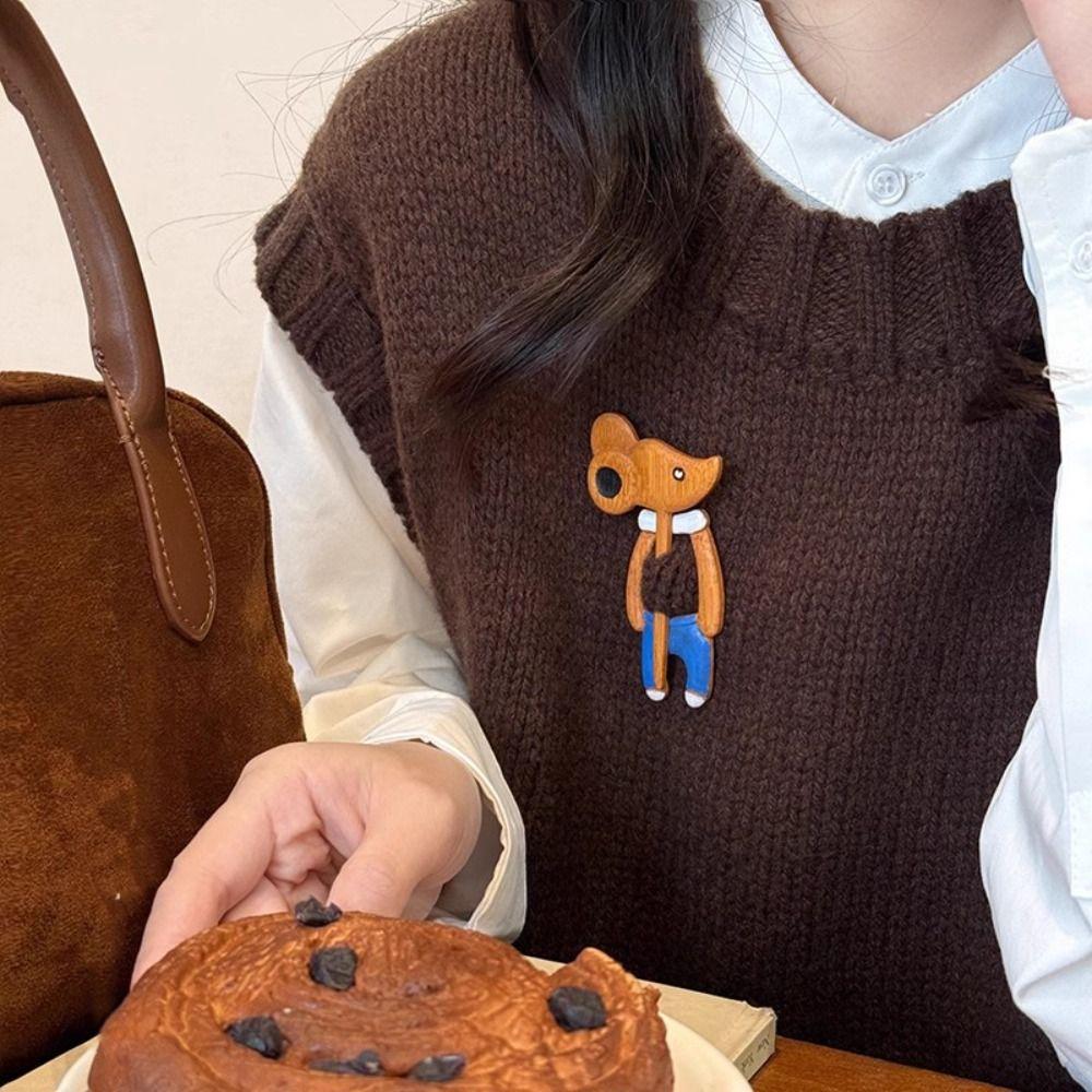 Kangaroo Wooden Brooch Puppy Kitty Scarf Buckle Cartoon Animal Sweater Pin Party