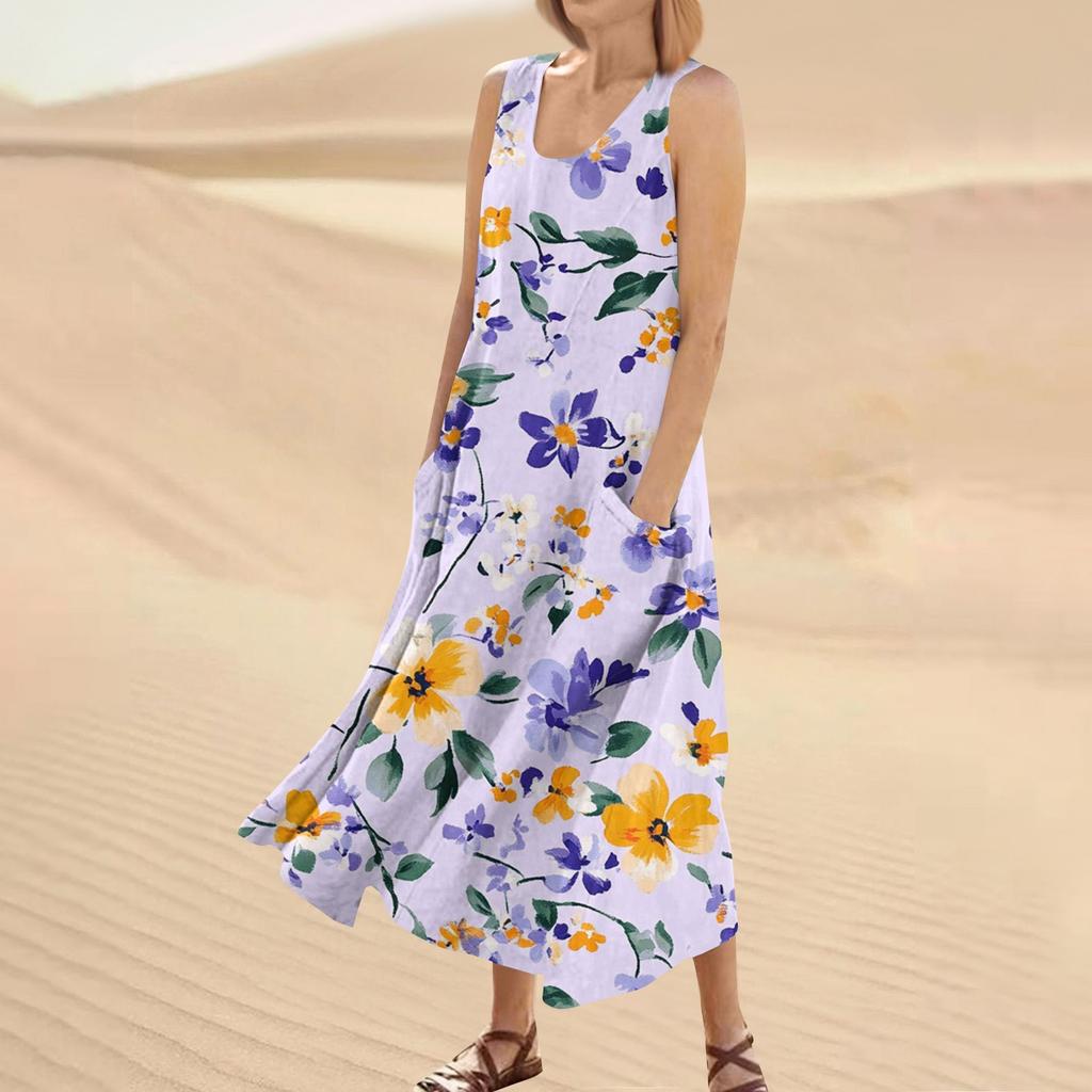 Женское летнее повседневное модное платье без рукавов с круглым вырезом и карманом с цветочным принтом