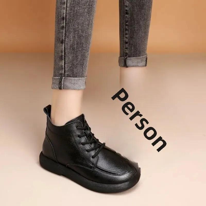 Vintage Genuine Leather Headlayer Cow Leather Fleece-Lined Flat Bottom Short Boots For Adults Retro Style Winter Season