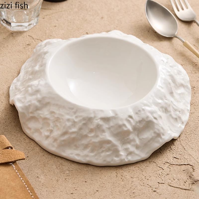 Однотонная нерегулярная керамическая глубокая тарелка с рисунком в виде камня, толстая суповая тарелка, десертная тарелка, специальная посуда для молекулярной кухни