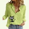 Women Lapel Neck Fashion Buttoned Shirt Spring&summer Thin Cotton Linen Top Casual Cat Print Blouse