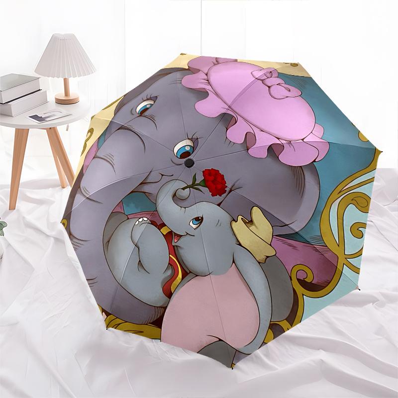 Dumbo, Mother-and-Baby Elephant Automatic Opening and Closing Umbrella - 8 Ribs Portable Folding Umbrella with Plastic Handle, Suitable for