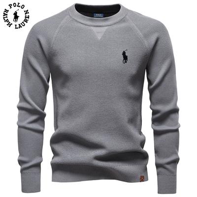 Осень и зима 2025 Вышивка Новый Модный Однотонный Свитер с Круглым Вырезом Мужской Высококачественный Вязаный в Стиле Бизнес-Кэжуал