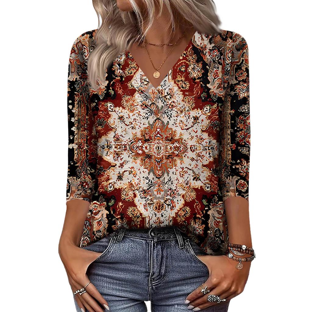 Женские рубашки с рукавом 3/4, топы с принтом и V-образным вырезом, повседневные топы, базовые футболки, блузки, свободные топы