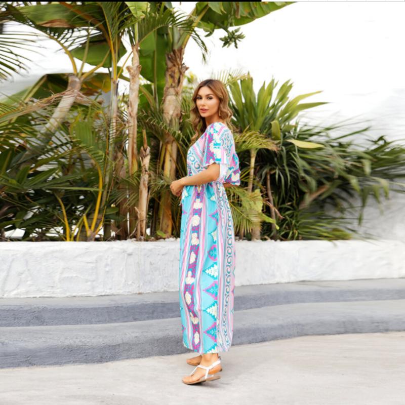 Накидки на бикини, богемное кимоно с принтом, зеленая туника, женская пляжная одежда больших размеров, Глубокий v-образный вырез спереди, открытое макси-платье, купальный костюм, накидка