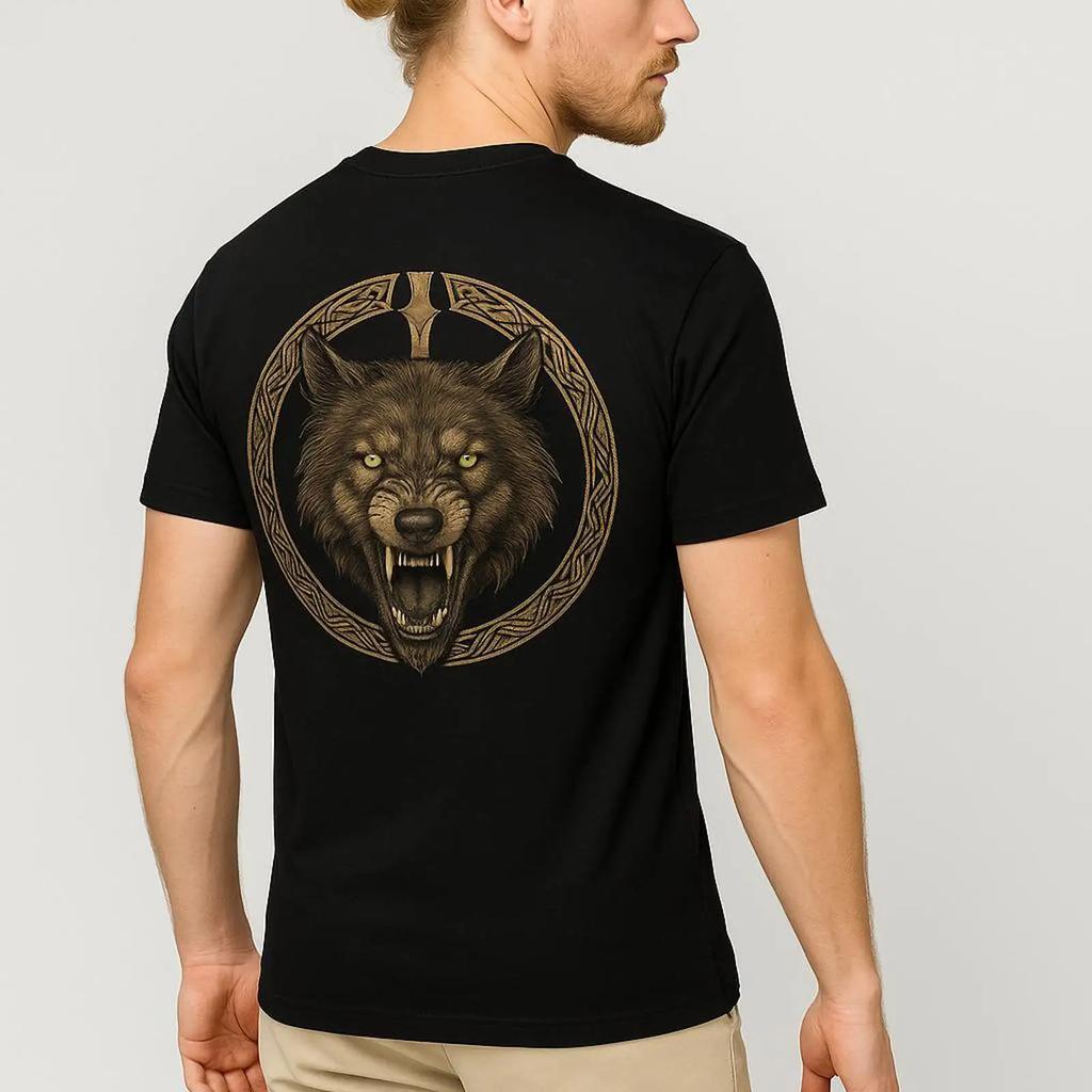 Unisexs Norse Mythology Viking Fenrir Wolf T Shirt Green Eyes Nordic Rune Circle Back Print Casual Vintage Breathable