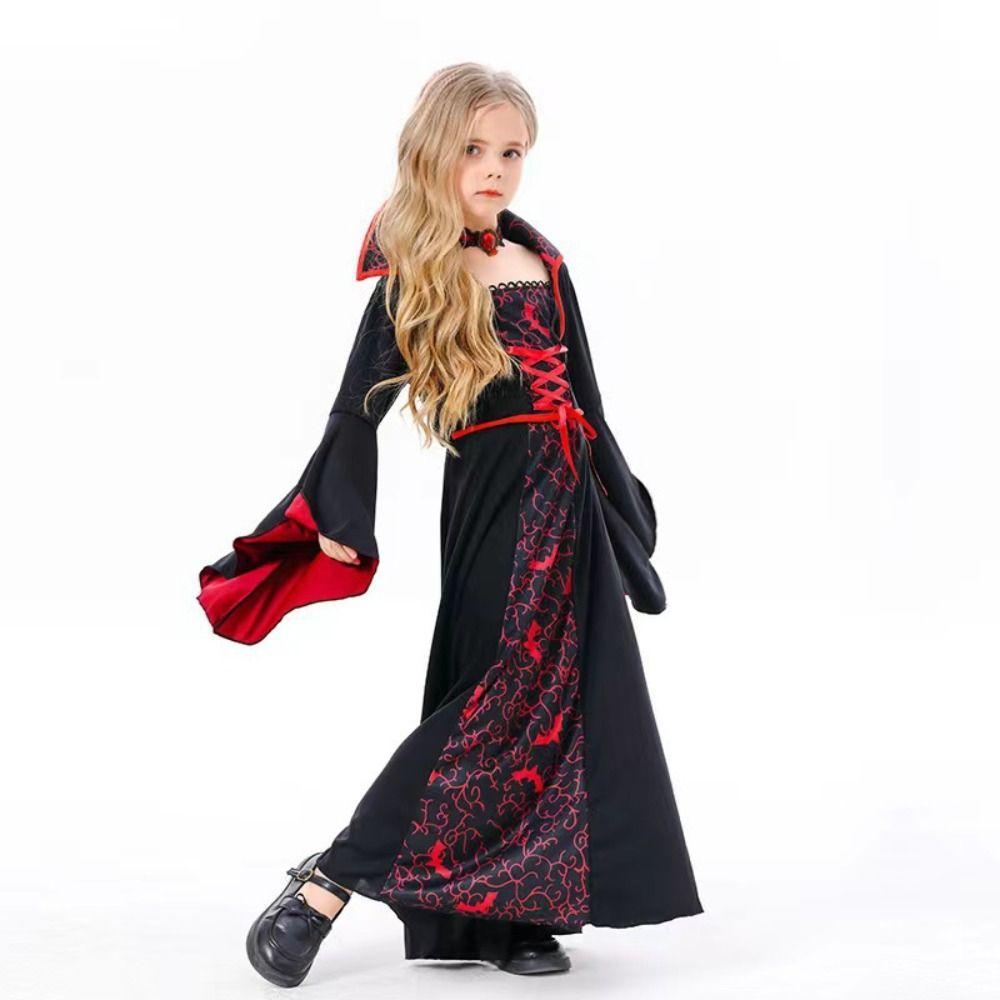 Stand Collar Halloween Witch Long Dress Lace Up Children Medieval Printed Dress Kids