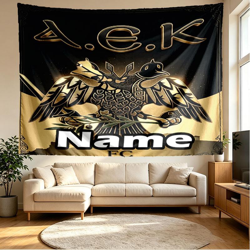 Custom Name Personalized AEK Athens FC Print Tapestry, Wall Art Decor, Bedroom, Dorm, Apartment, LivingRoom, Party Backdrop, Gift for Birthday
