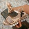 Fashion Gold Platform Wedgs Sandals Women Summer Woven Rivets Thick Bottom Sandles Woman Fashion Crystal Ankle Buckle Sandalias Mujer 42