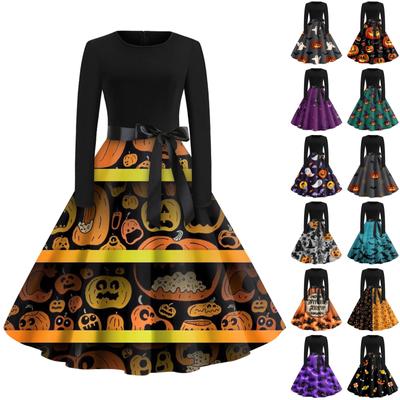 Женское винтажное классическое платье с длинным рукавом и принтом, V-образным вырезом, свободное платье