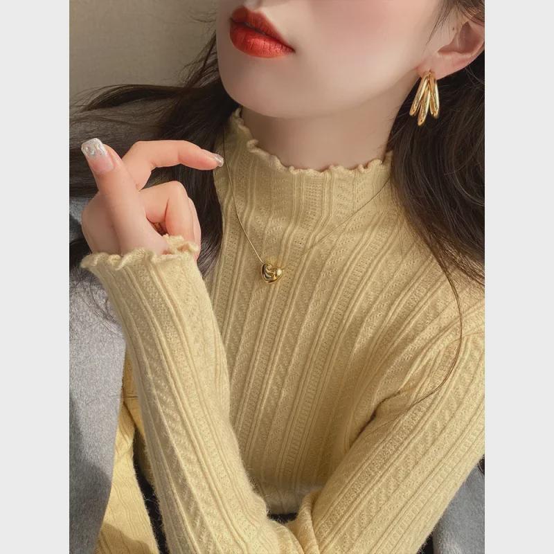 Ruffled Half-High Collar Knit Sweater for Women - Autumn/Winter 2025 Long Sleeve Top