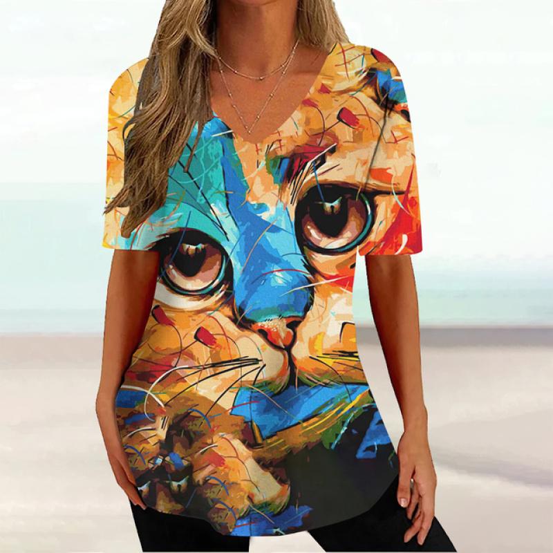 2023 модная женская одежда, топы с короткими рукавами и 3d цветным принтом кошки, повседневные уличные пуловеры, летние женские футболки больших размеров