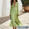 QICED Women's Fashion Autumn Spring V-Neck Long Sleeve Solid Color Print Casual Dresses Casual Chic