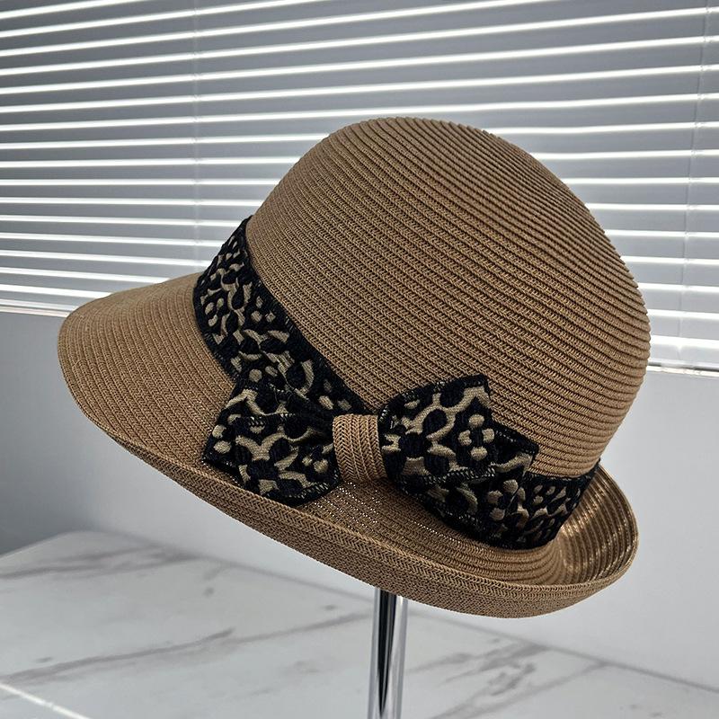 New leopard print bow straw hat women's summer curled brim sun hat sun protection top hat foldable beach vacation basin hat