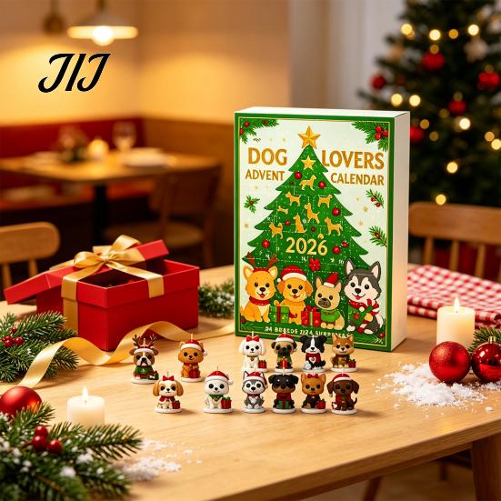Christmas Advent Calendar Calendar, 24 Day Countdown Box with 2D Flat Acrylic Unique Holiday Dog Pendants, Tree Hanging Ornament Set for Lovers