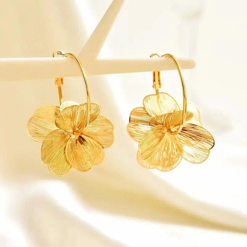 LATS Exaggerate Gold Big Flower Hoop Earrings for Women Personality Ear Hook Metal Charm Jewelry Accessories Gifts
