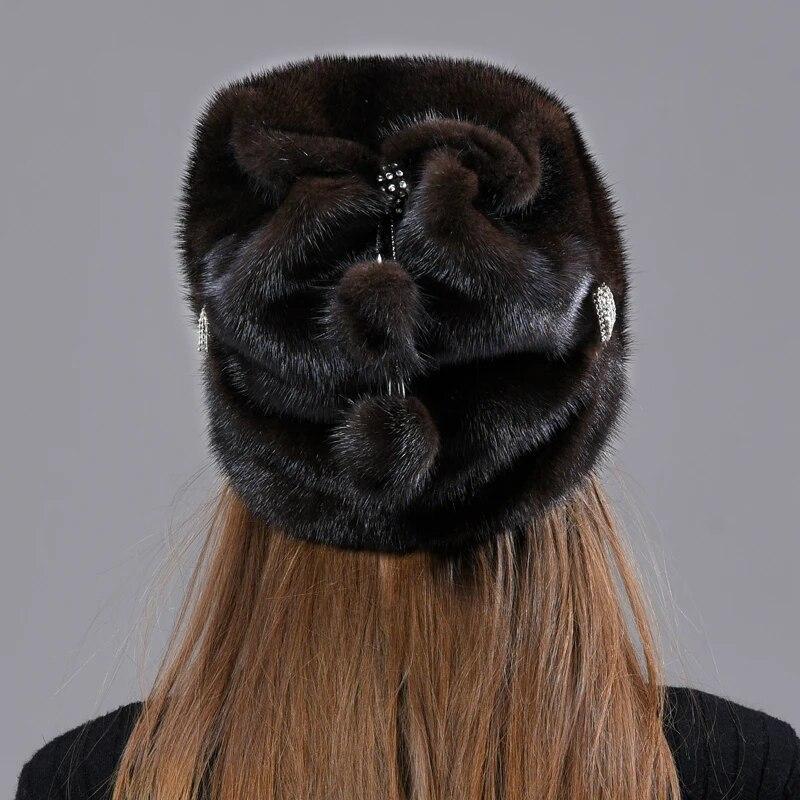 Зимние шапки для женщин из натурального меха норки, регулируемые рождественские роскошные теплые шапки