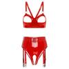 Ladies Glossy PU Leather Clubwear Set Open Cup Wireless O-Ring Bralette plus Integrated Panty Tiered Mini Skirt with Garter Clips for Night Out